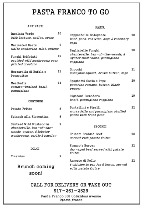 Pasta Franco Menu