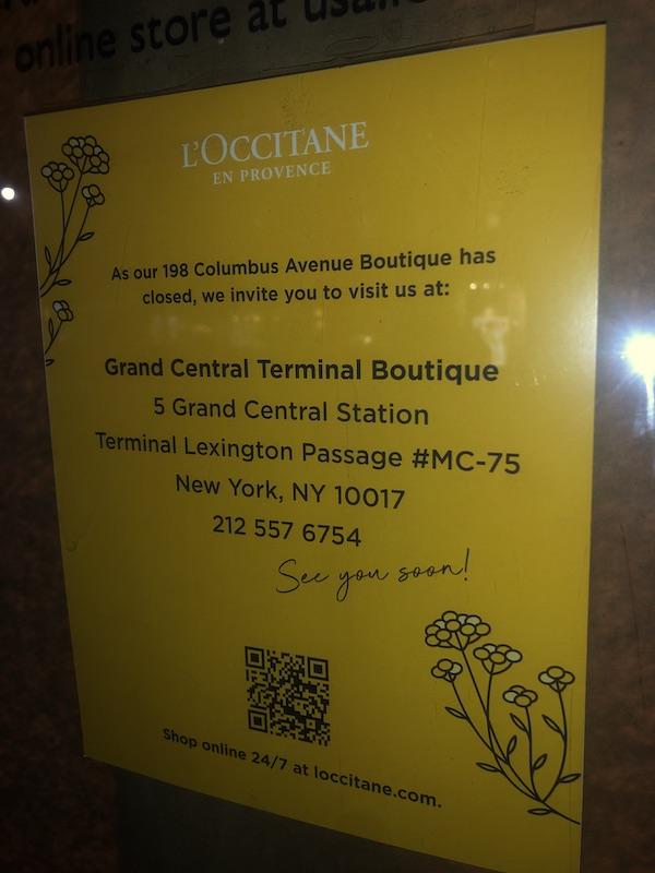 L'Occitane Columbus Avenue closed