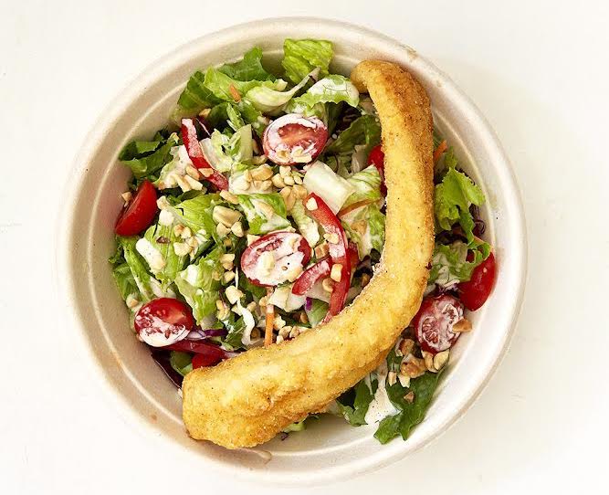 salad with crispy flounder