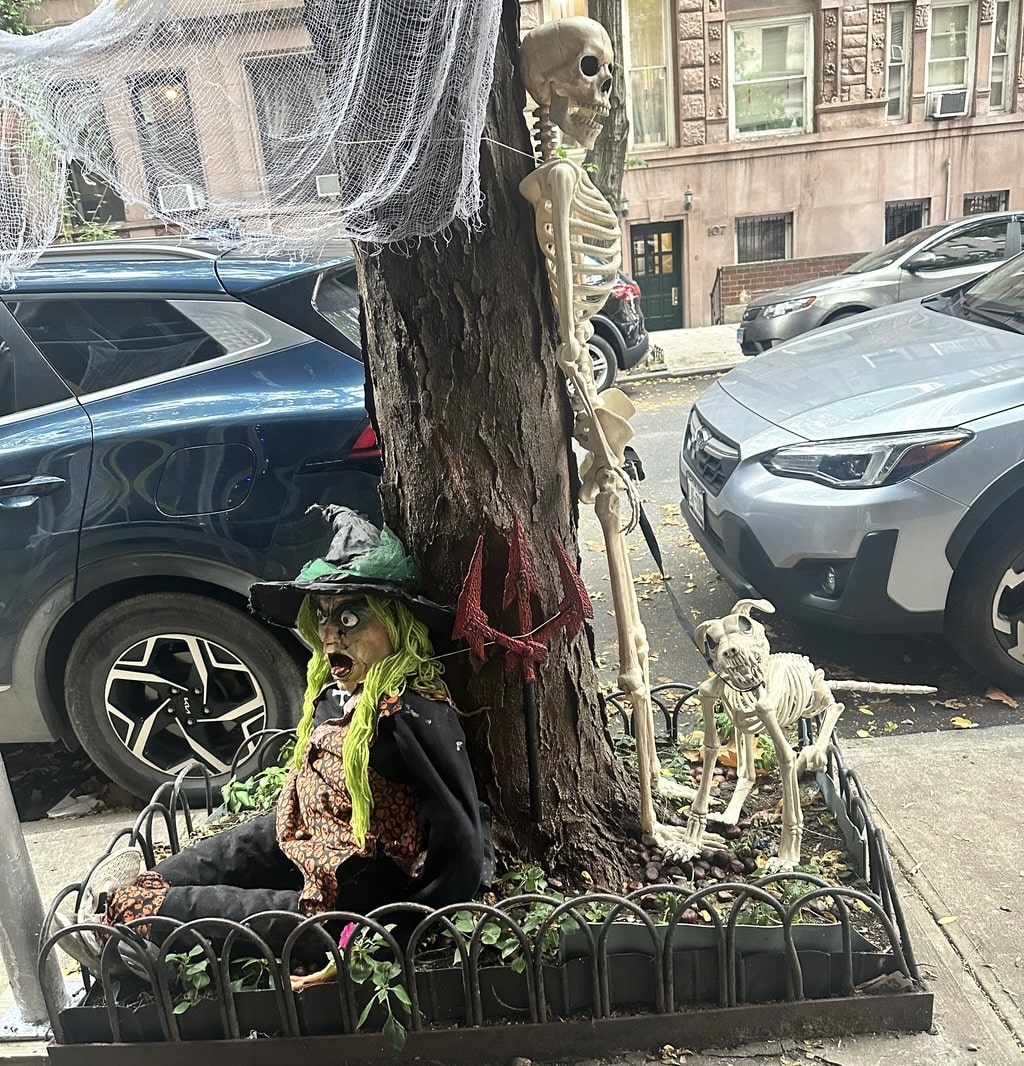 Human and k9 skeletons with witch by 108 West 69th Street